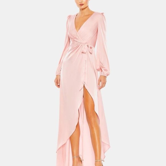 NWT MAC DUGGAL DRAPED FAUX WRAP PUFF SLEEVED HIGH LOW GOWN ROSE PINK 12 55624 - Picture 1 of 7